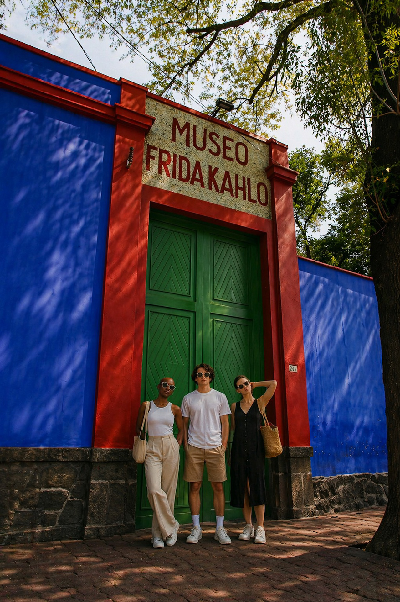 Fachada de la Casa Azul durante Verano Azul en la Casa Azul, visitantes frente a la fachada principal
