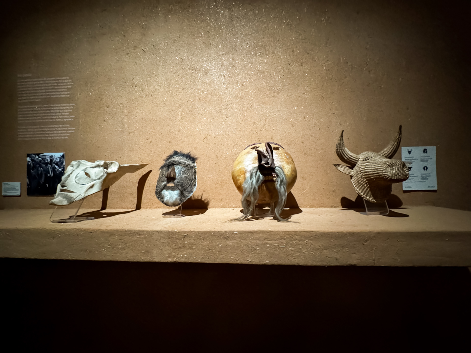 Máscaras tradicionales elaboradas con materiales de origen animal y vegetal en la sección Fauna de la exposición BioDiseño MX: Territorios Vivos en el Museo Franz Mayer.