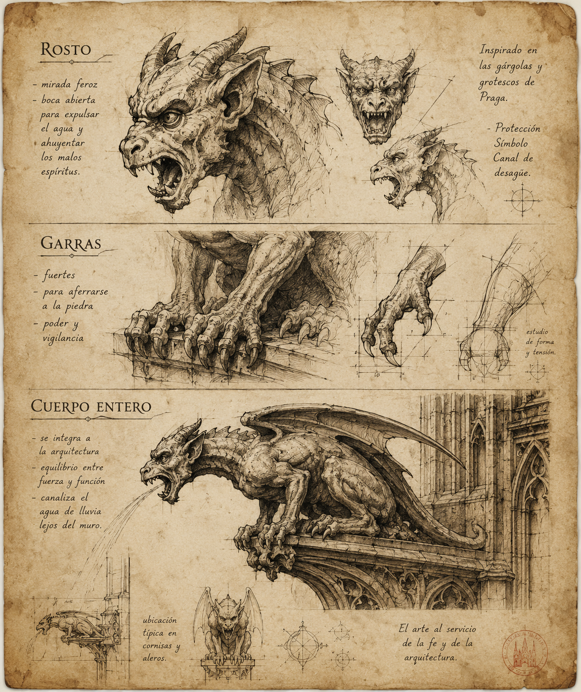 Boceto antiguo de una gárgola inspirado en las esculturas góticas de Praga
