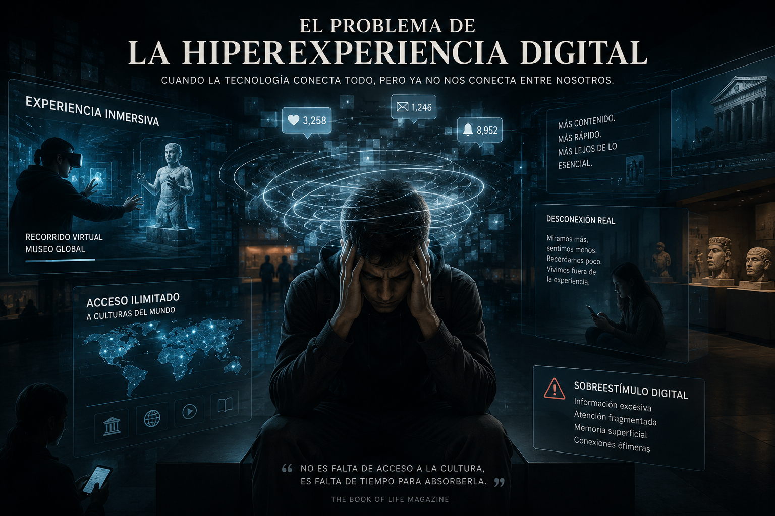 Ilustración sobre el problema de la hiperexperiencia digital en museos virtuales y experiencias digitales inmersivas