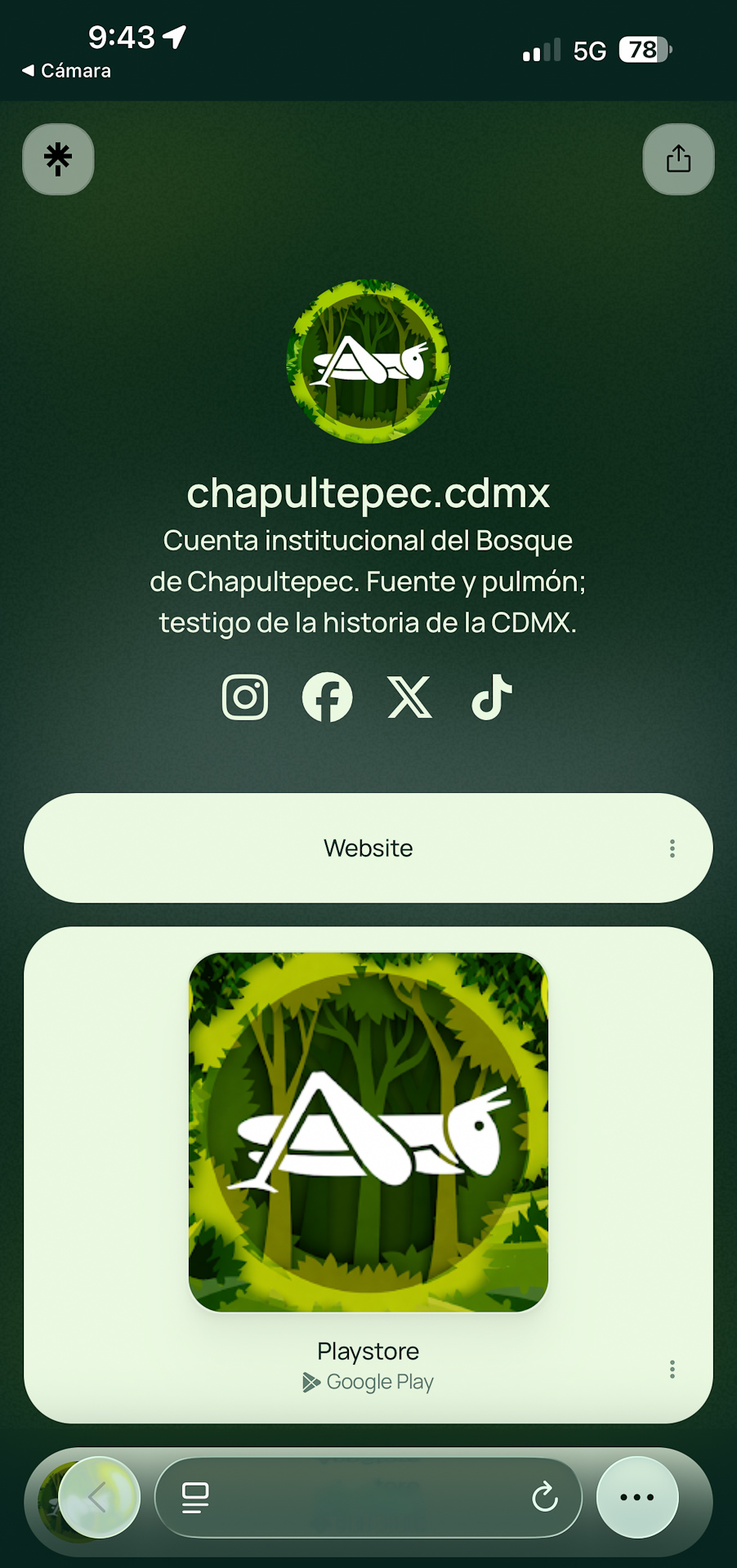 Captura de pantalla de la aplicación oficial del Bosque de Chapultepec para dispositivos móviles.