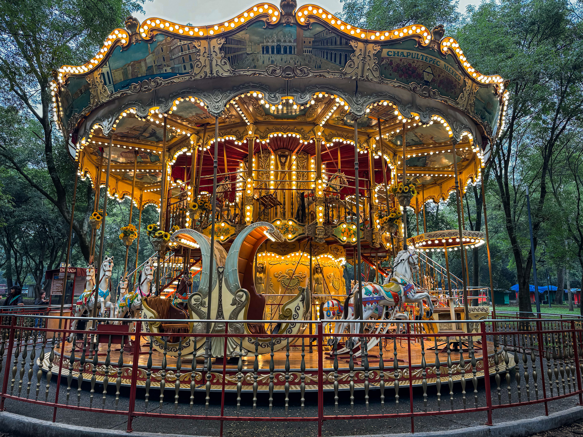 Carrusel Histórico de Chapultepec iluminado entre los árboles del bosque.