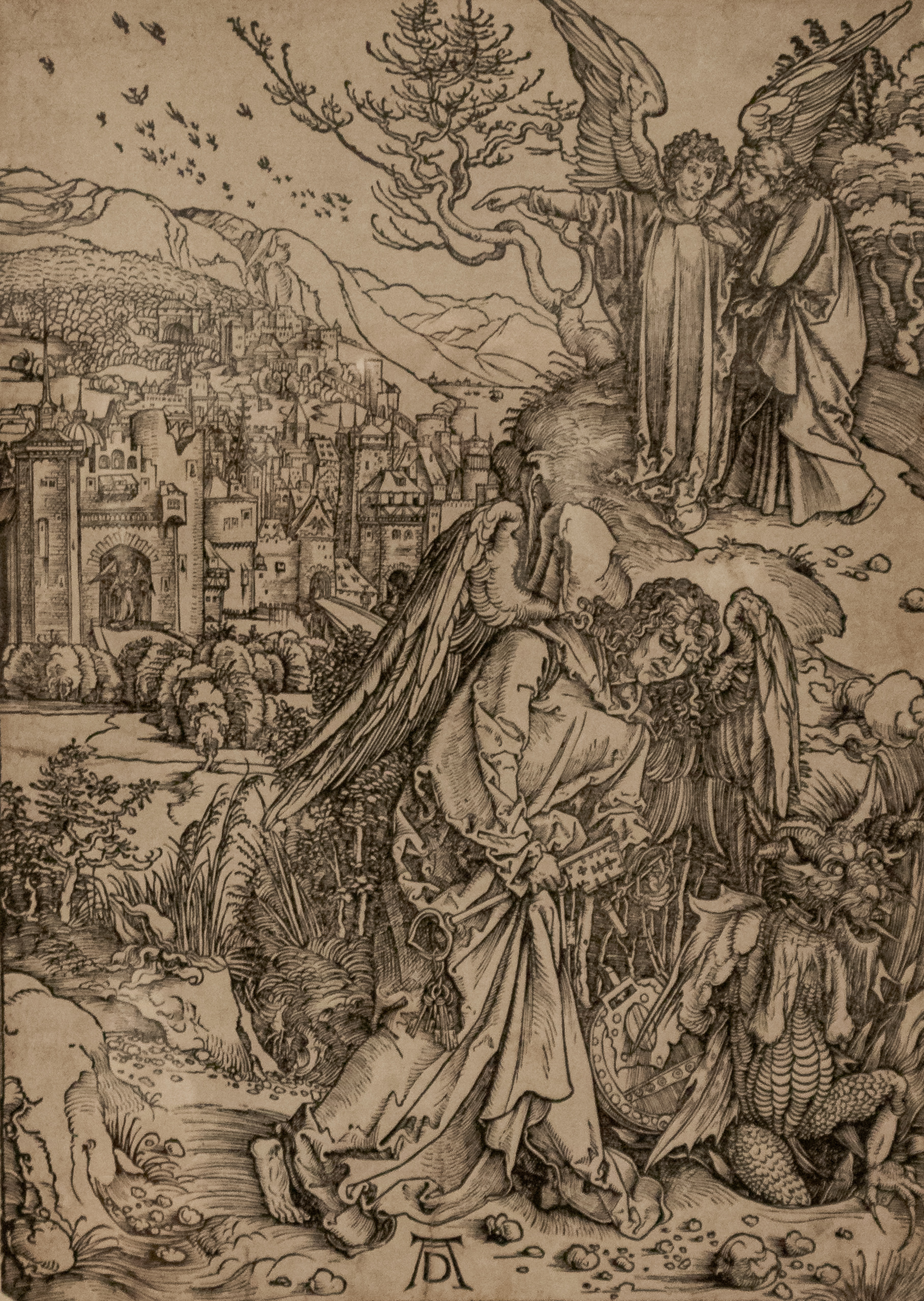Detalle de la estampa La visión de San Juan de Alberto Durero exhibida en el Museo Franz Mayer de Ciudad de México.