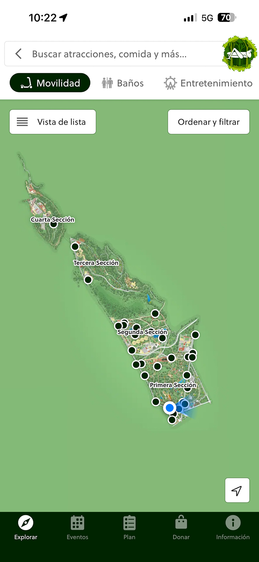 Mapa interactivo de la aplicación oficial del Bosque de Chapultepec mostrando las cuatro secciones del bosque.