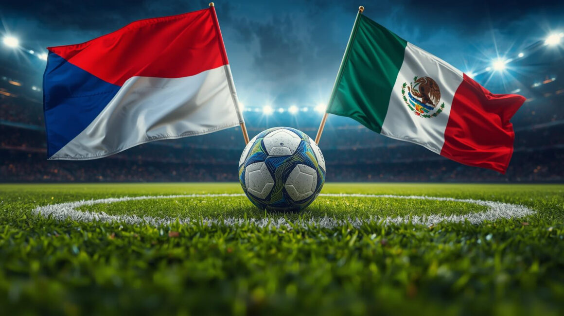 Banderas de México y Chequia sobre un campo de futbol durante una ilustración relacionada con el Mundial FIFA 2026.