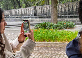 Visitante utilizando la app Bosque de Chapultepec durante un recorrido por el bosque en Ciudad de México.