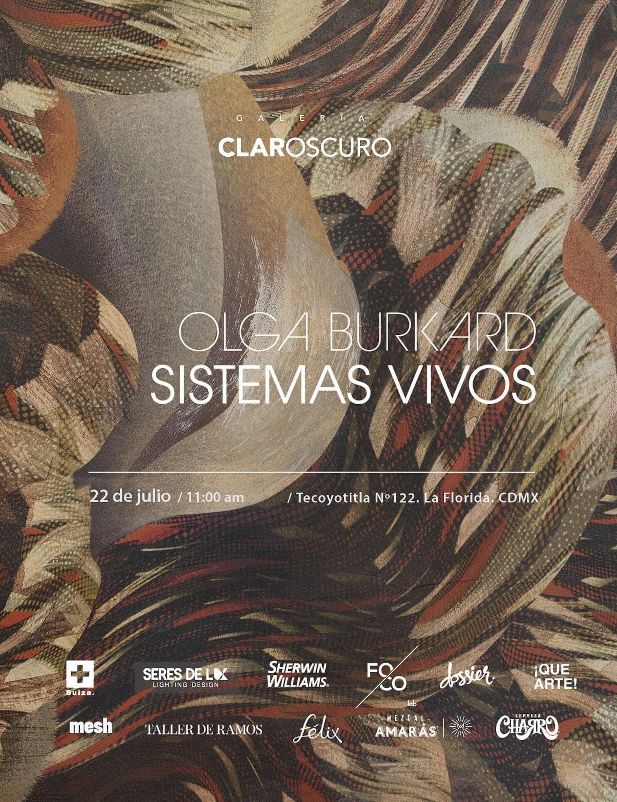 Invitación oficial de la exposición Sistemas Vivos: ecologías de la imagen de Olga Burkard en Galería Claroscuro, Ciudad de México.