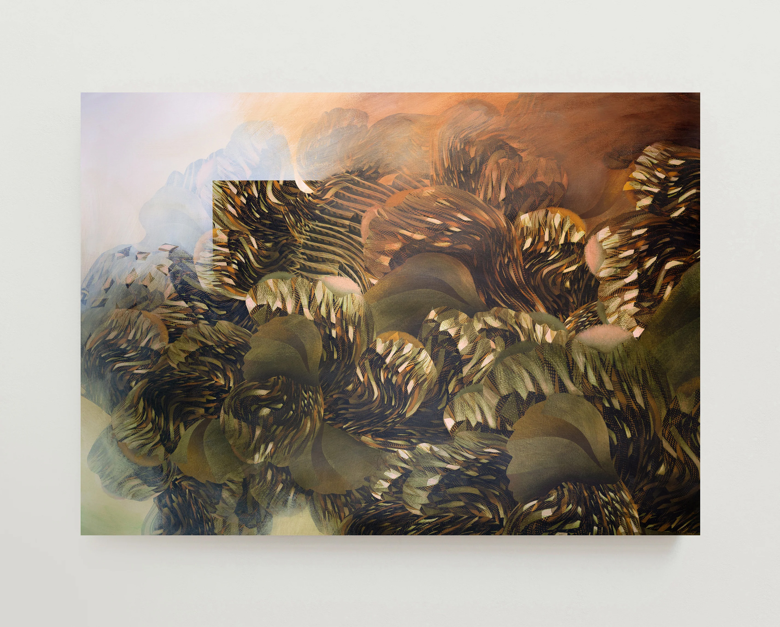 Obra de Olga Burkard perteneciente a la serie Coexistencia, una investigación visual que integra pintura, dibujo digital y estructuras orgánicas presentada en Galería Claroscuro.