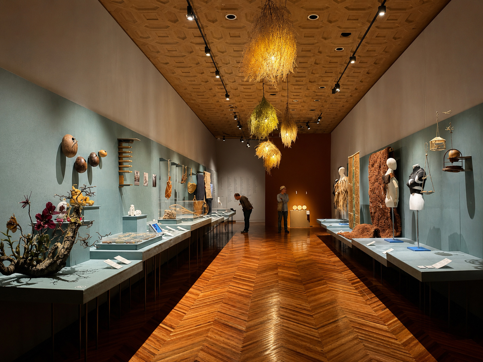 Vista interior de la exposición Biodiseño MX en el Museo Franz Mayer, con piezas de diseño realizadas con fibras, biomateriales y elementos naturales.
