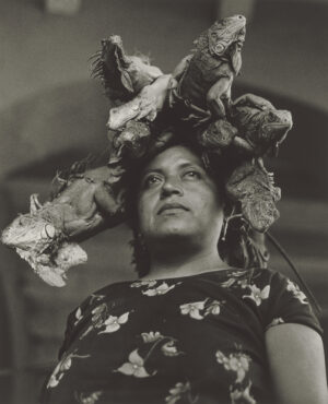 Mujer con iguanas sobre la cabeza en Nuestra señora de las iguanas, de Graciela Iturbide.
