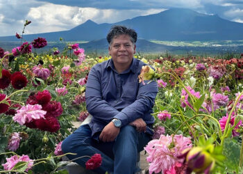 Alejandro Lira sentado entre flores, con montañas al fondo.